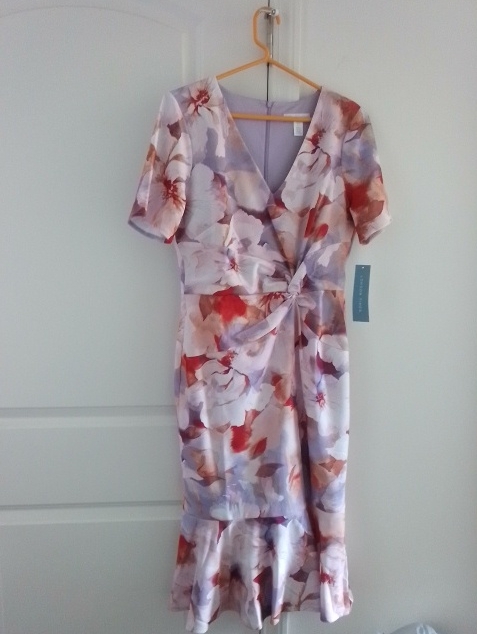 London Times Lavender Floral Wrap Midi Dress With Coral Accents